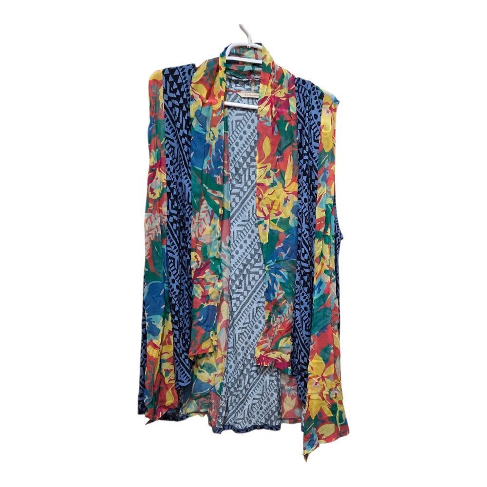 Soft Surroundings Blue Yellow Artsy Open Front Kimono One Size